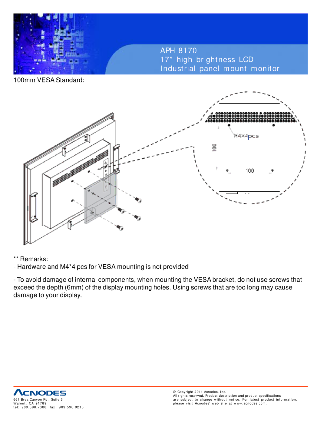 Acnodes APH 8170 user manual APH High brightness LCD Industrial panel mount monitor 