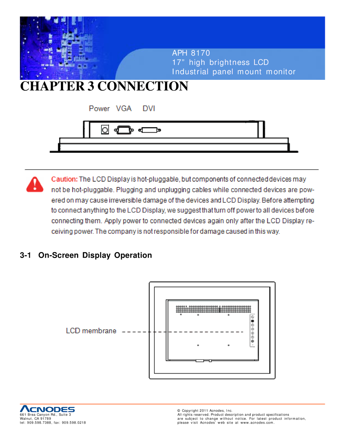 Acnodes APH 8170 user manual Connection, On-Screen Display Operation 