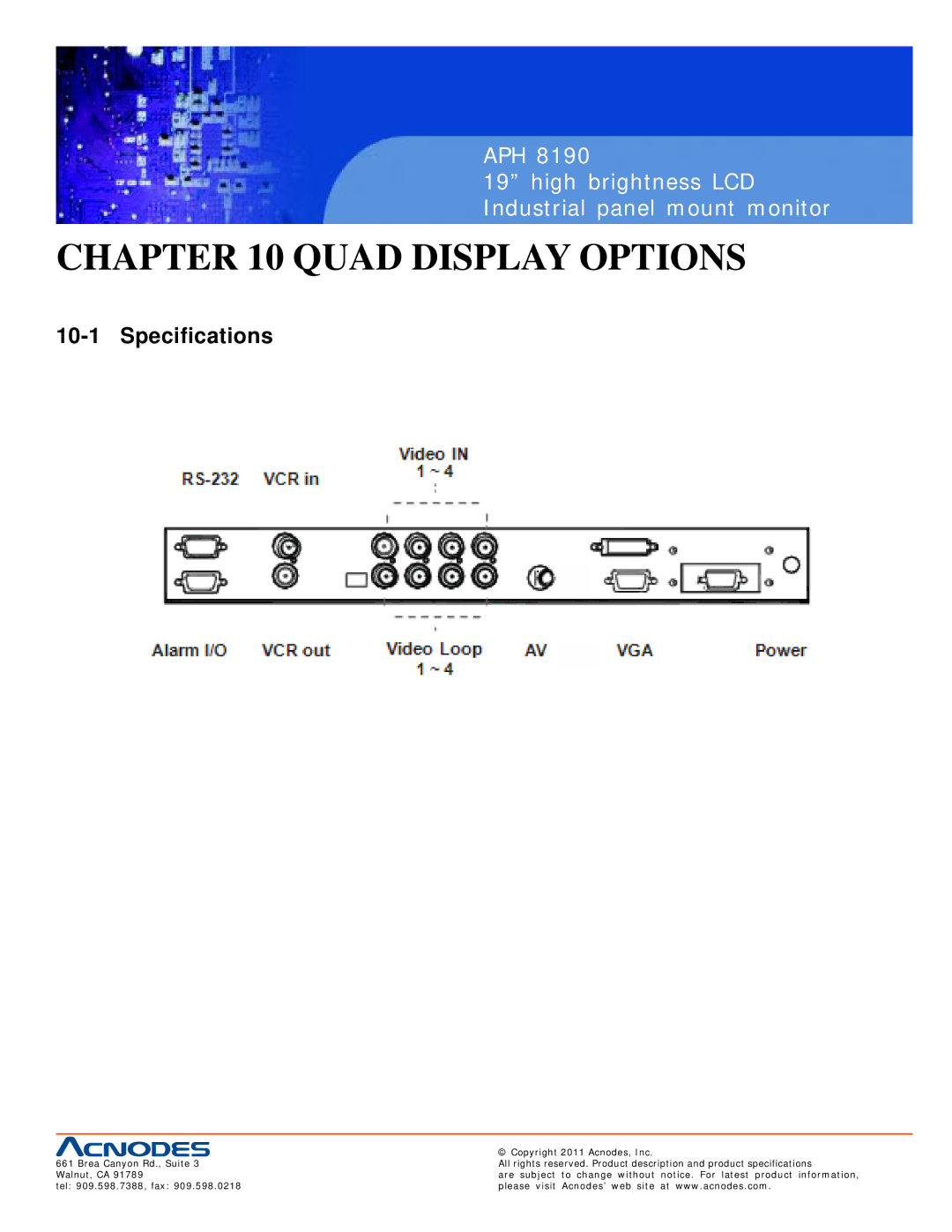 Acnodes APH 8190 user manual Quad Display Options, Specifications 