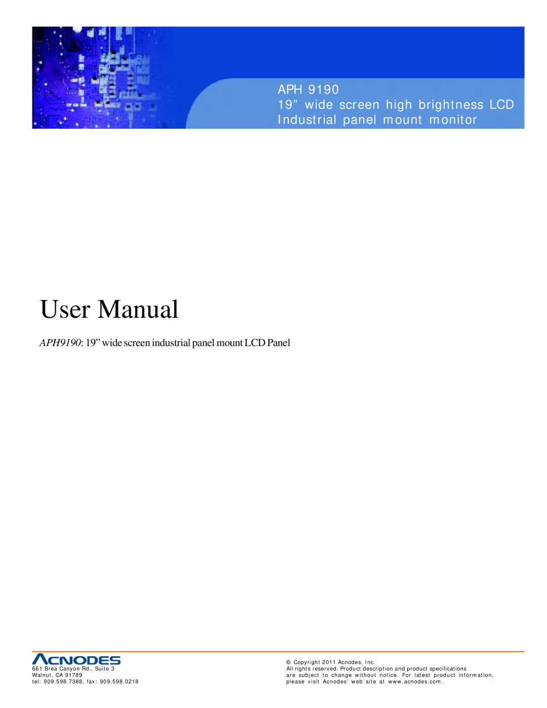 Acnodes APH 9190 user manual APH9190 19 wide screen industrial panel mount LCD Panel 