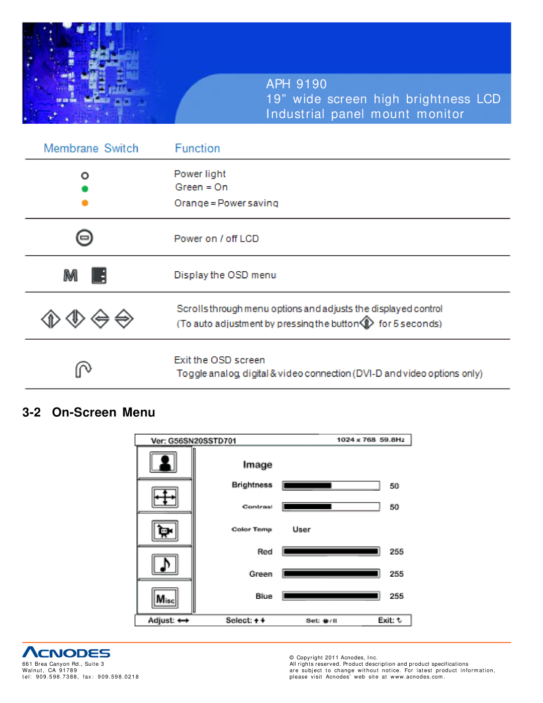 Acnodes APH 9190 user manual On-Screen Menu 