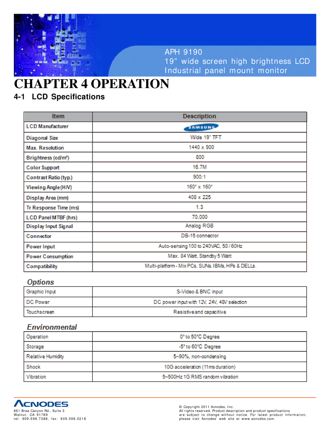 Acnodes APH 9190 user manual Operation, LCD Specifications 