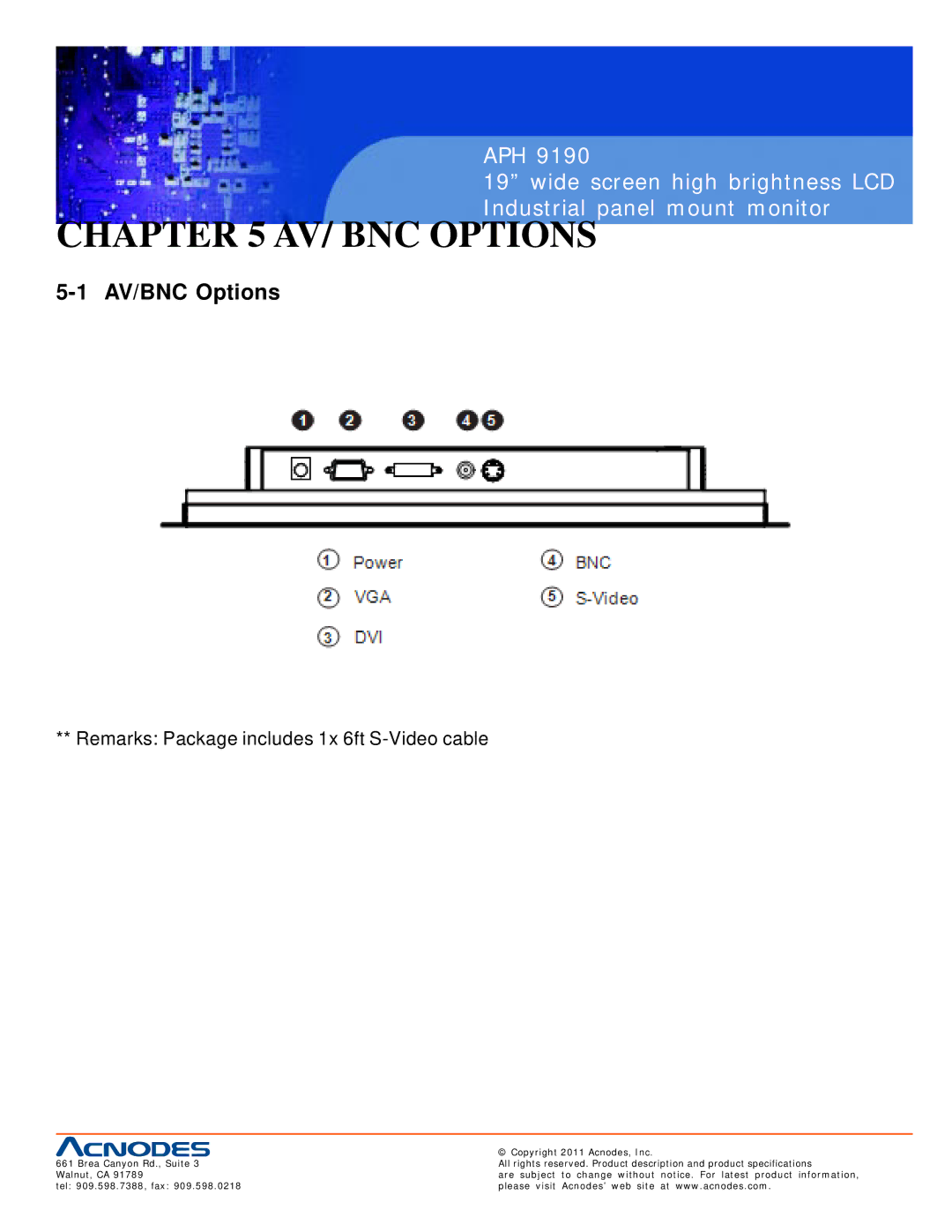 Acnodes APH 9190 user manual AV/ BNC Options, Remarks Package includes 1x 6ft S-Video cable 