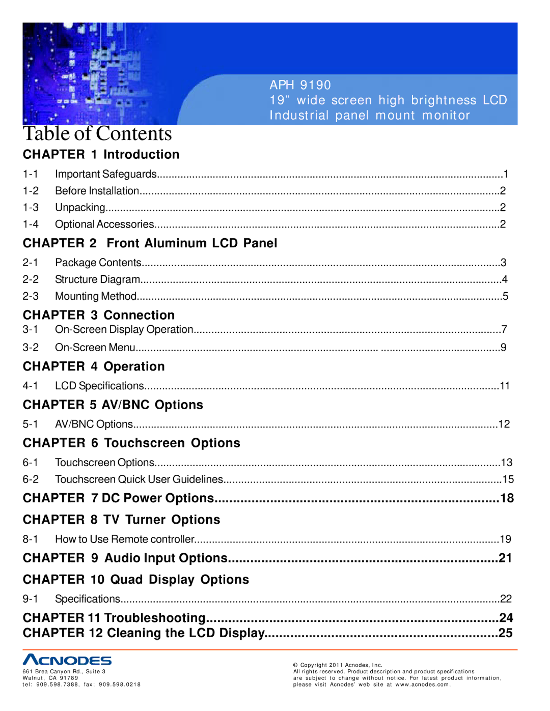 Acnodes APH 9190 user manual Table of Contents 