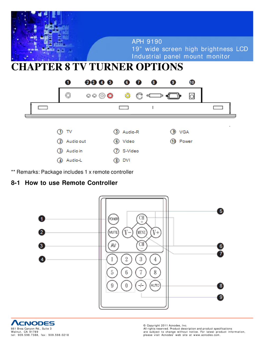 Acnodes APH 9190 user manual TV Turner Options, How to use Remote Controller 