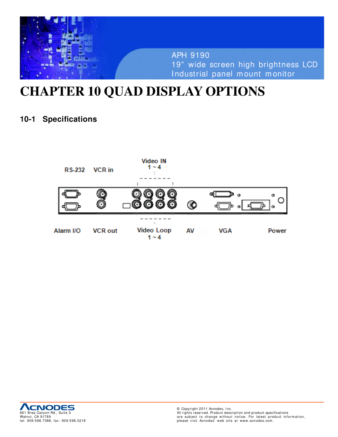 Acnodes APH 9190 user manual Quad Display Options, Specifications 