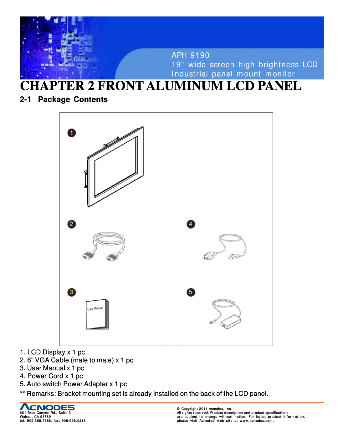 Acnodes APH 9190 user manual Front Aluminum Lcd Panel, Package Contents 