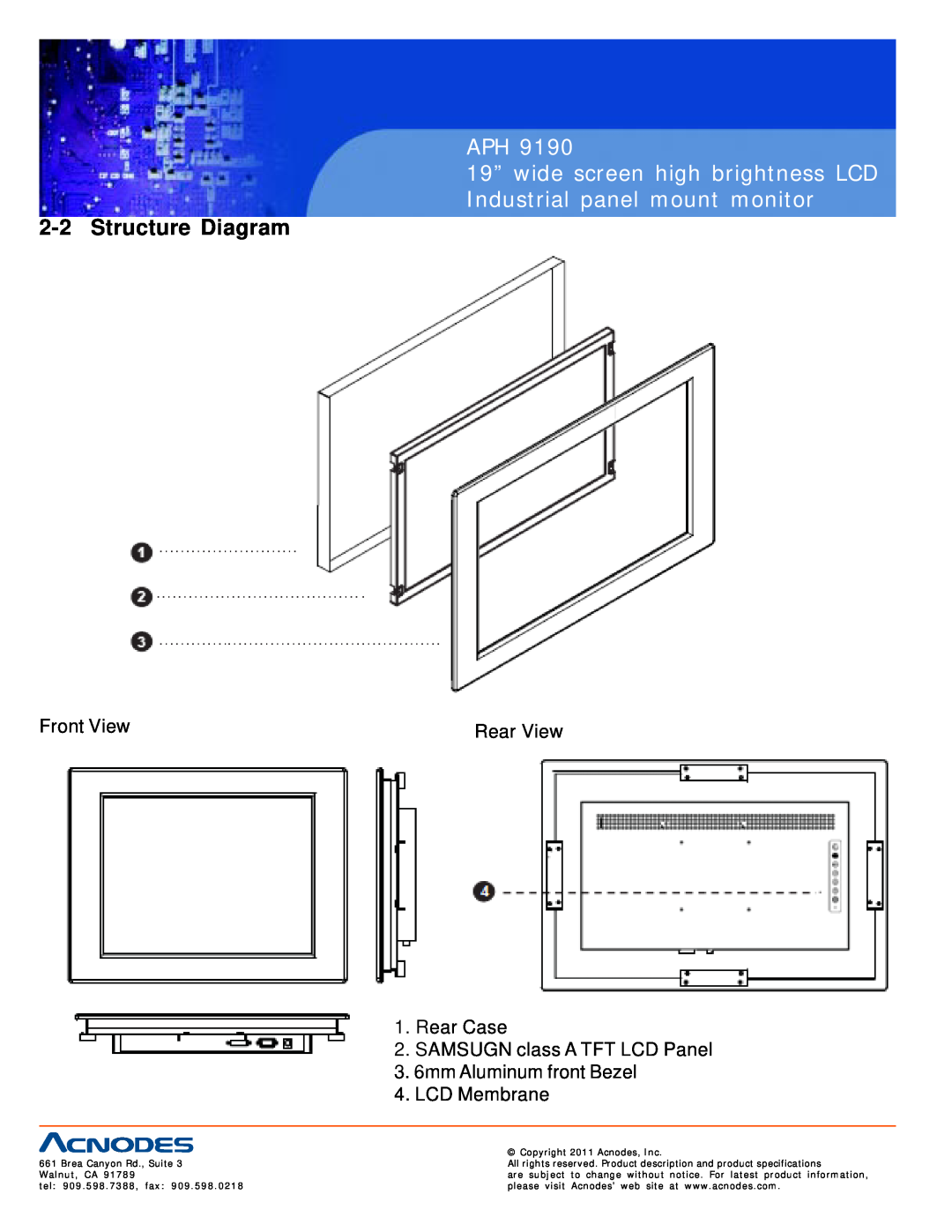 Acnodes APH 9190 Structure Diagram, 19” wide screen high brightness LCD Industrial panel mount monitor, Front View 
