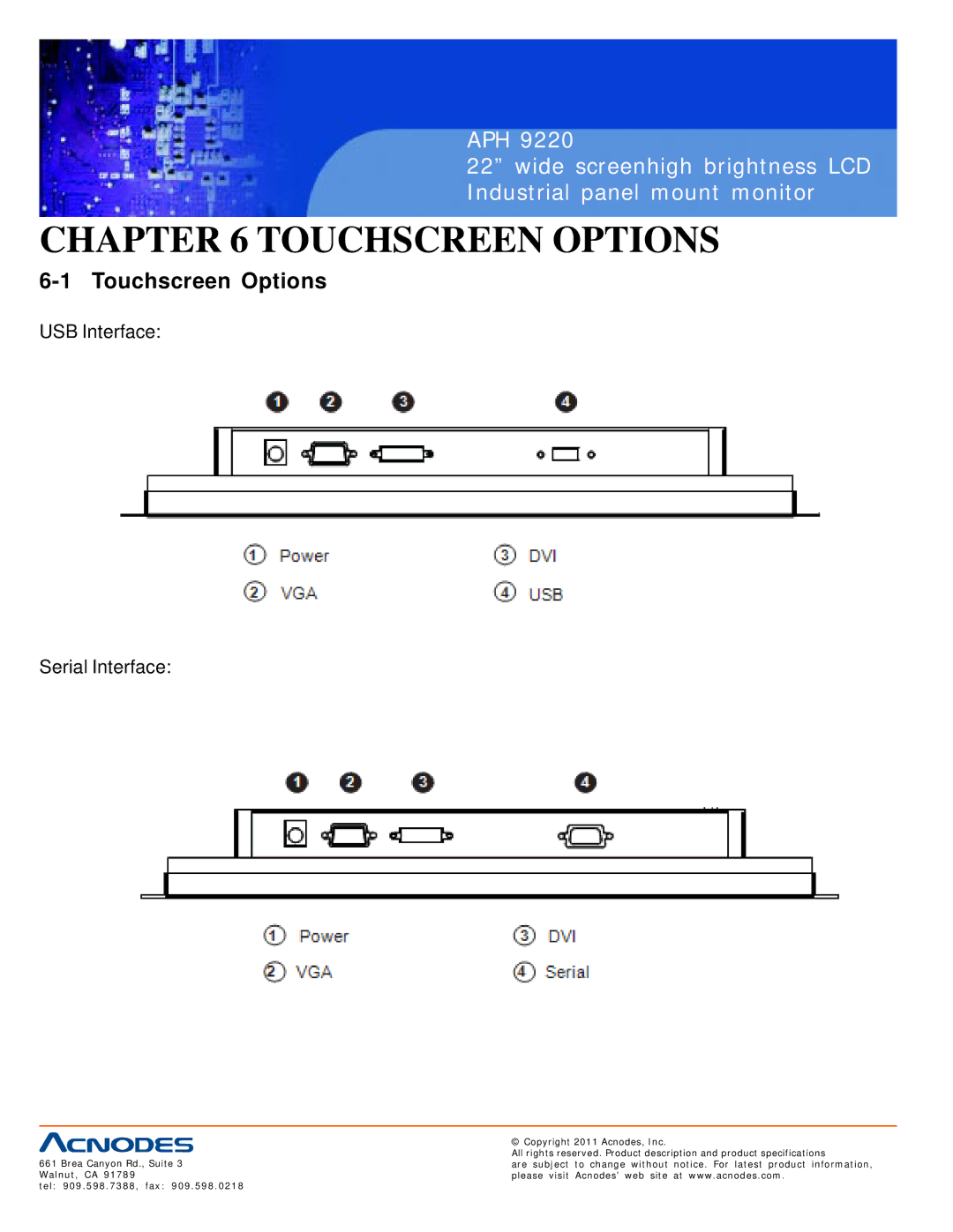 Acnodes APH 9220 user manual Touchscreen Options, USB Interface Serial Interface 