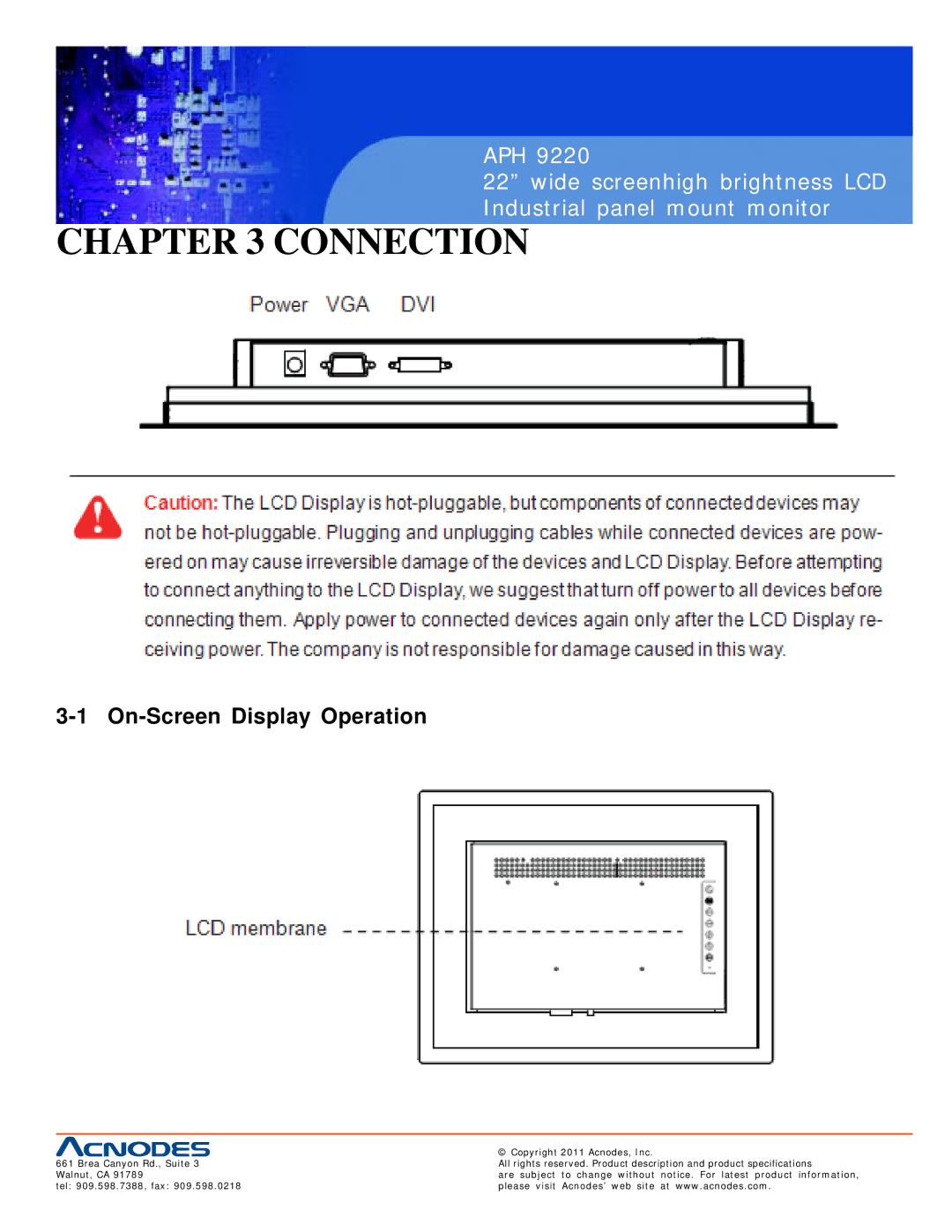 Acnodes APH 9220 user manual Connection, On-Screen Display Operation 