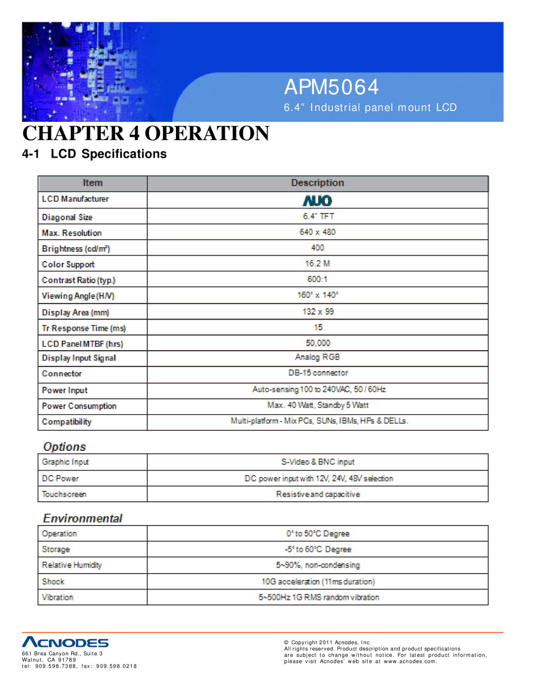 Acnodes APM5064 user manual Operation, LCD Specifications 