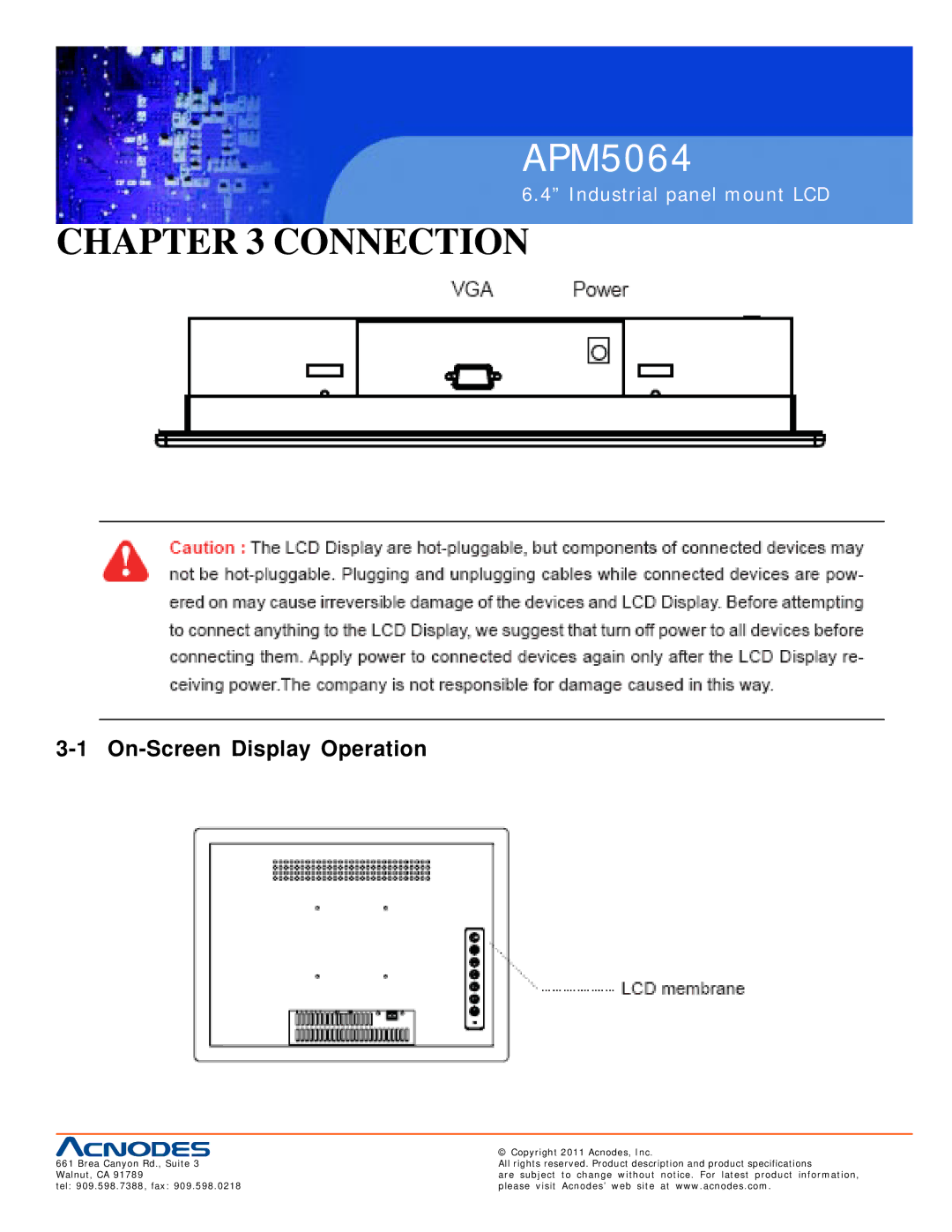 Acnodes APM5064 user manual Connection, On-Screen Display Operation 