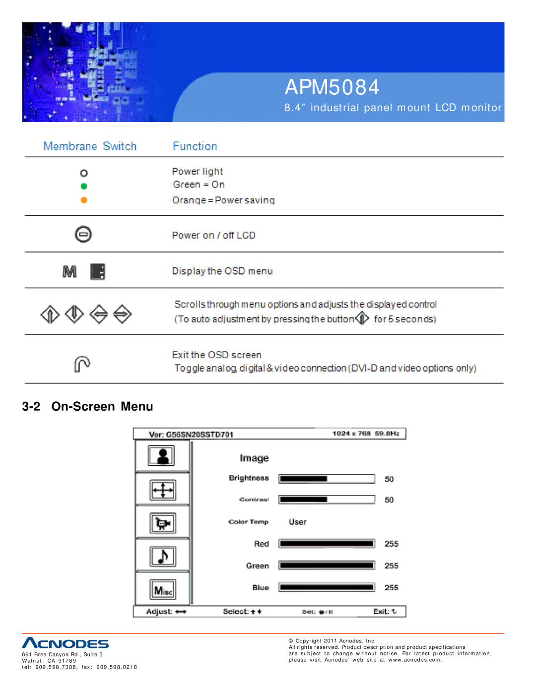 Acnodes APM5084 user manual On-Screen Menu 