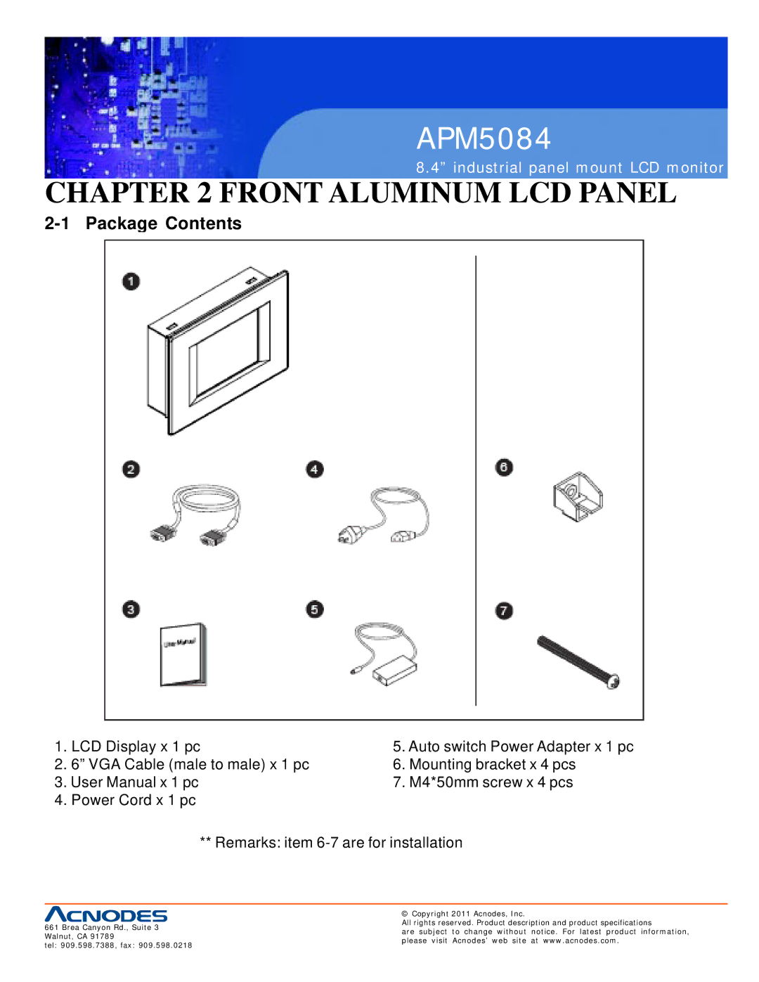 Acnodes APM5084 user manual Front Aluminum LCD Panel, Package Contents 