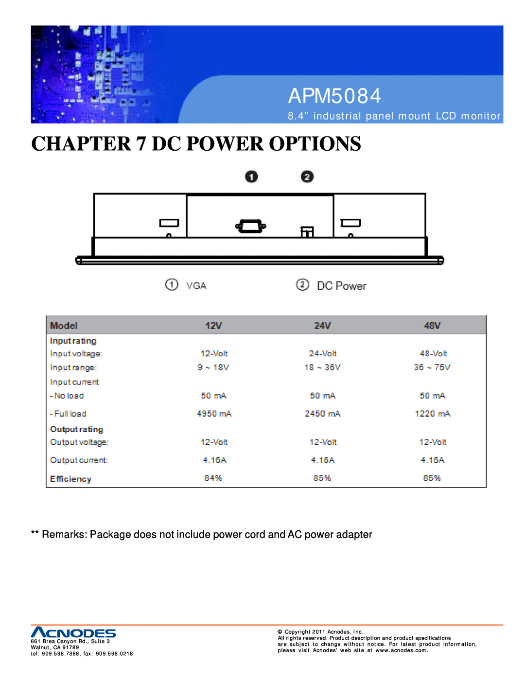 Acnodes APM5084 user manual Dc Power Options, 8.4” industrial panel mount LCD monitor, Copyright 2011 Acnodes, Inc 