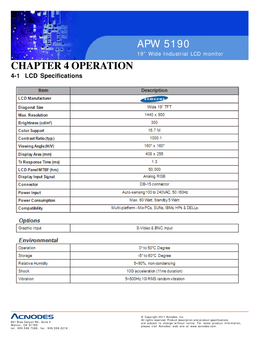 Acnodes APW 5190 user manual Operation, LCD Specifications 