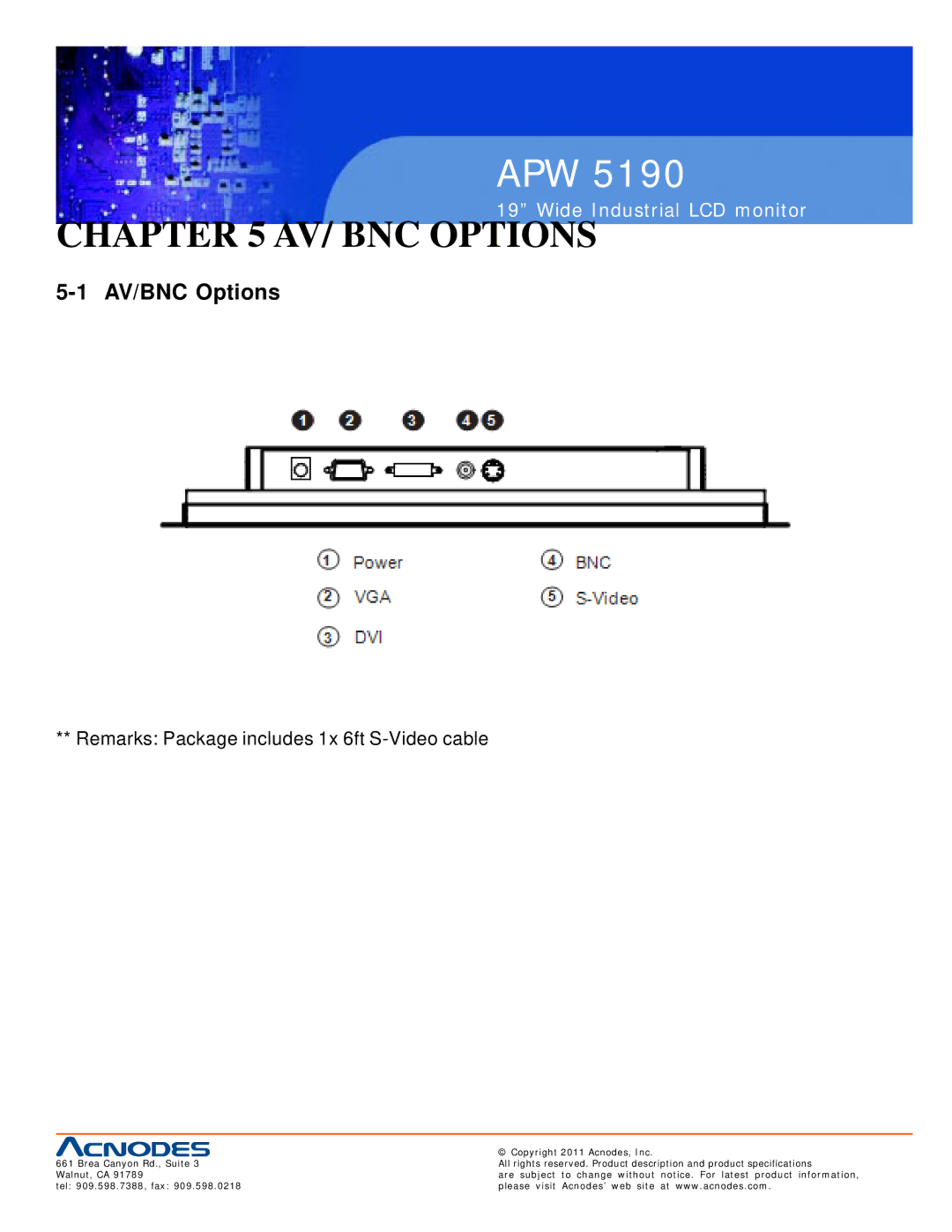 Acnodes APW 5190 user manual AV/ BNC Options, Remarks Package includes 1x 6ft S-Video cable 