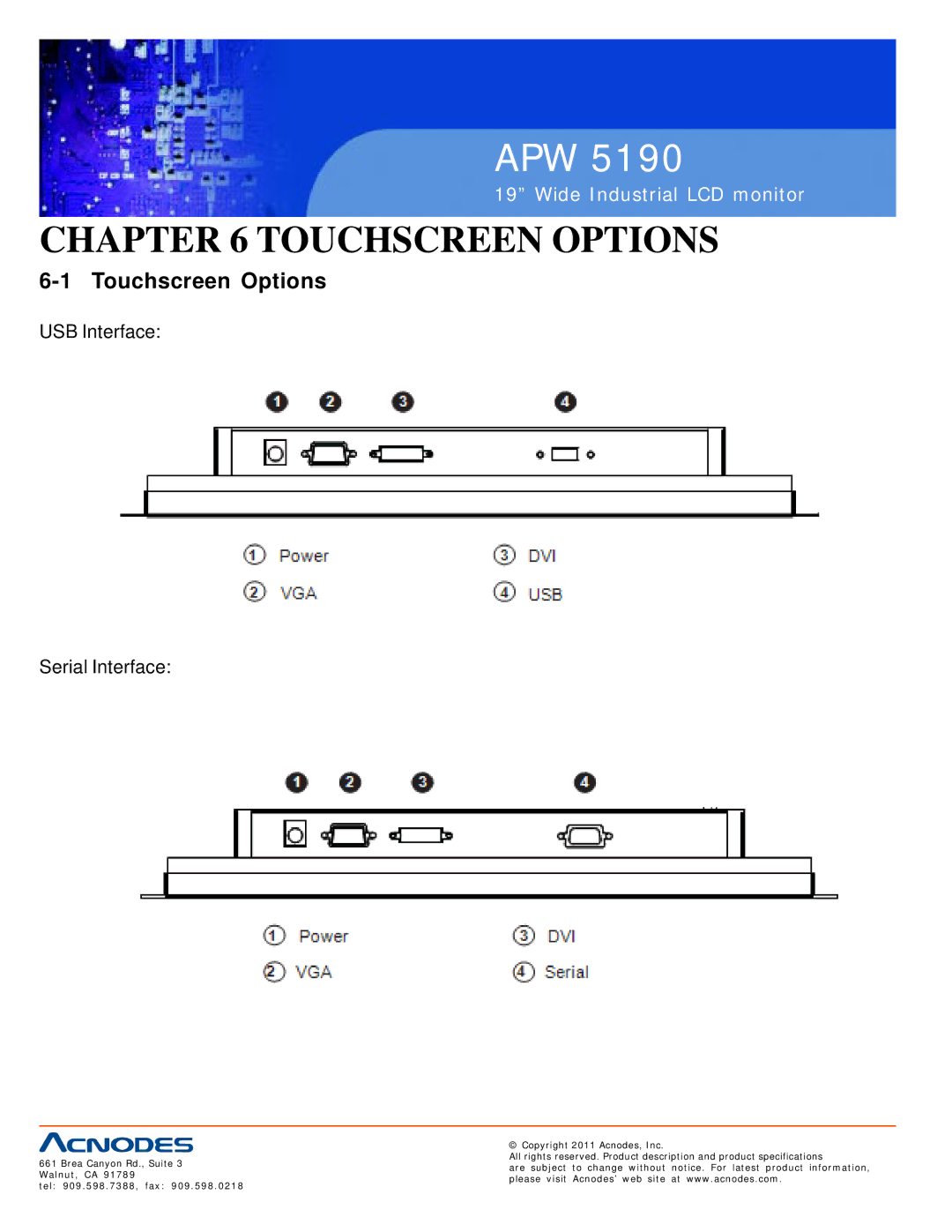 Acnodes APW 5190 user manual Touchscreen Options, USB Interface Serial Interface 