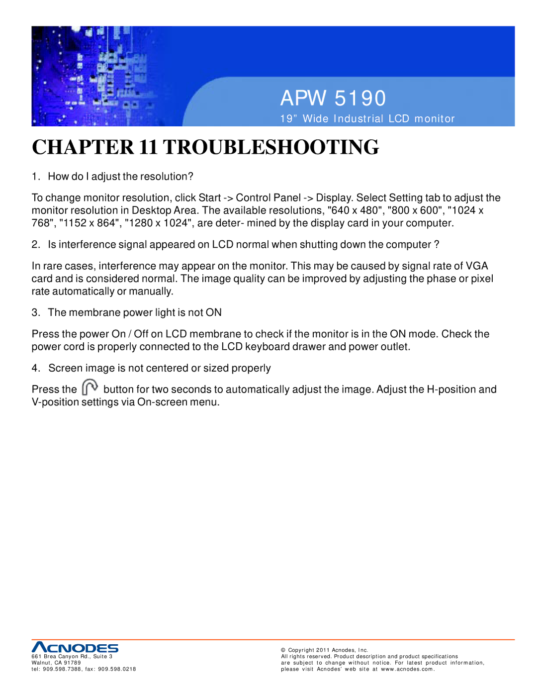 Acnodes APW 5190 user manual Troubleshooting 