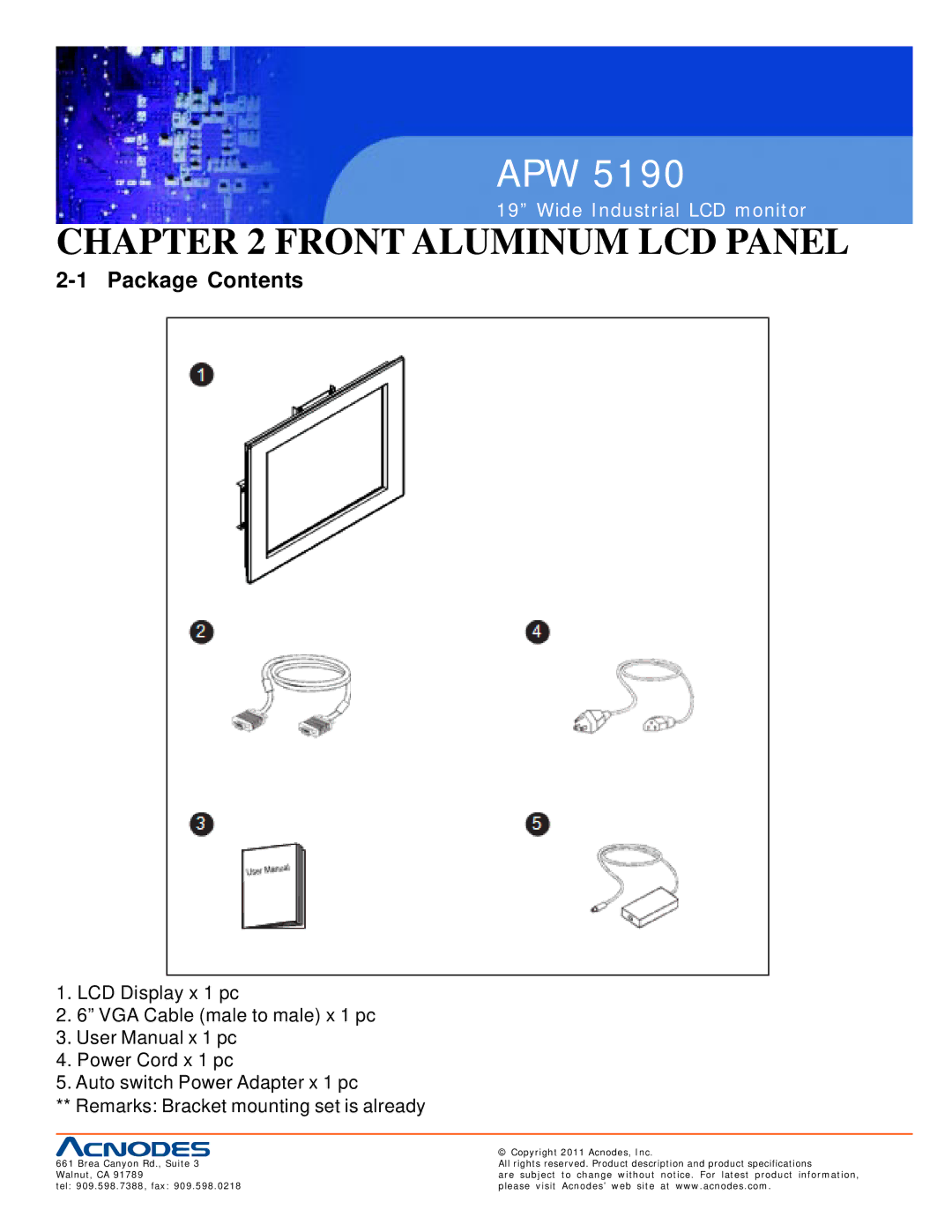 Acnodes APW 5190 user manual Front Aluminum LCD Panel, Package Contents 