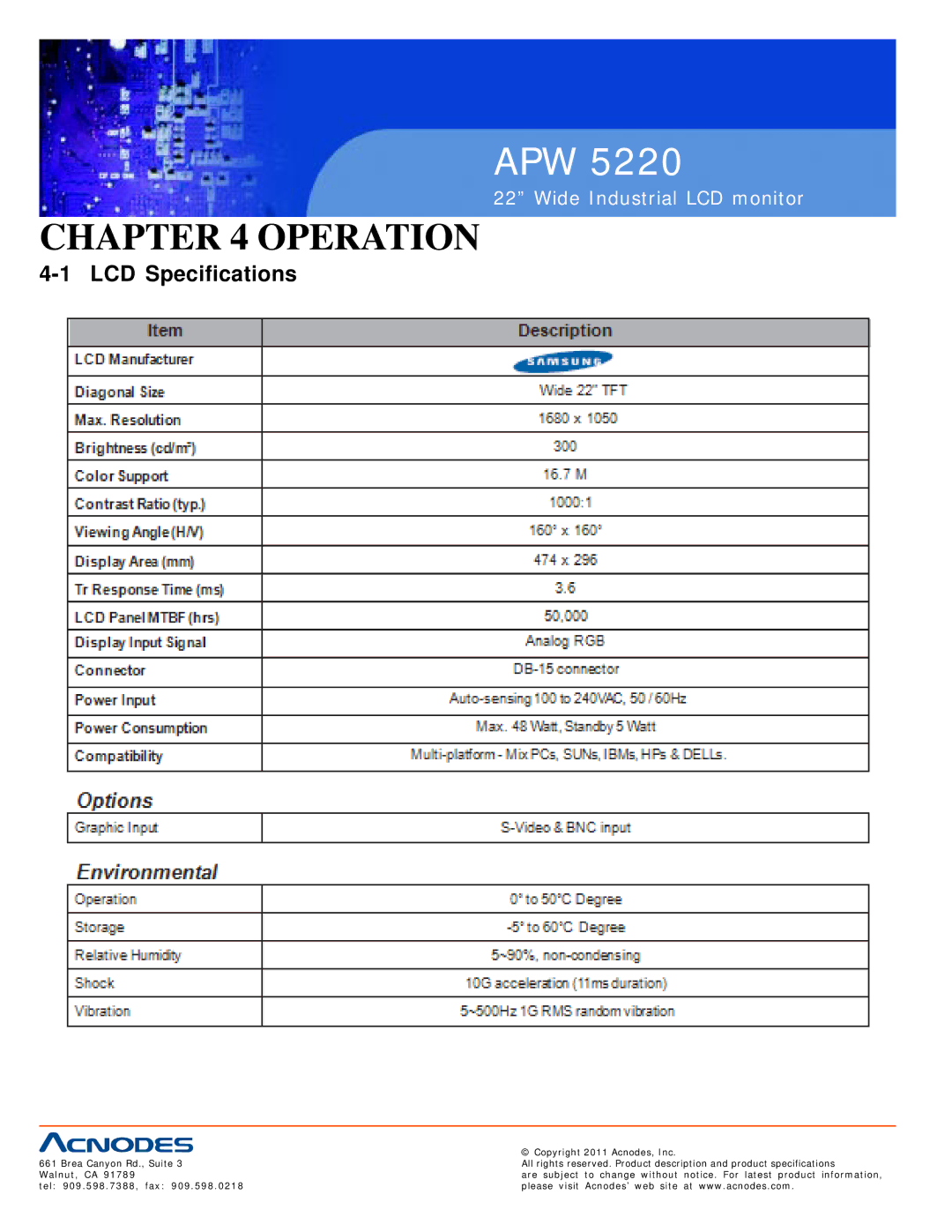 Acnodes APW 5220 user manual Operation, LCD Specifications 