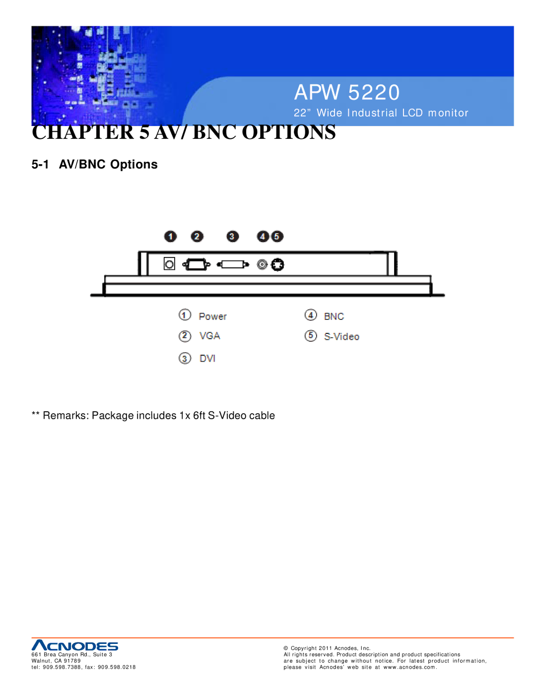 Acnodes APW 5220 user manual AV/ BNC Options, Remarks Package includes 1x 6ft S-Video cable 