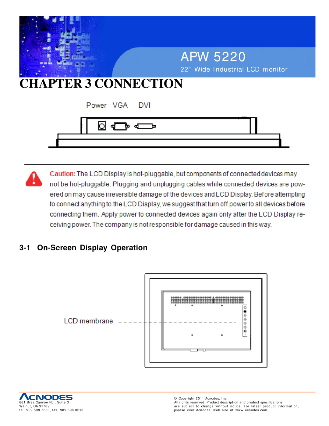 Acnodes APW 5220 user manual Connection, On-Screen Display Operation 