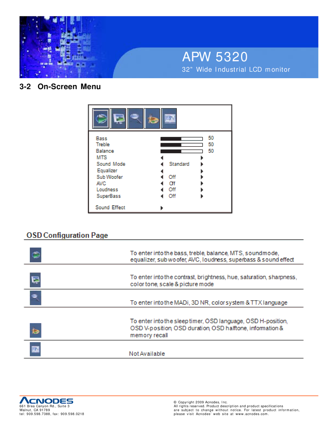 Acnodes APW 5320 user manual On-Screen Menu 