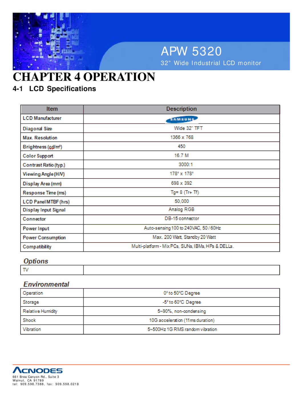 Acnodes APW 5320 user manual Operation, LCD Specifications 