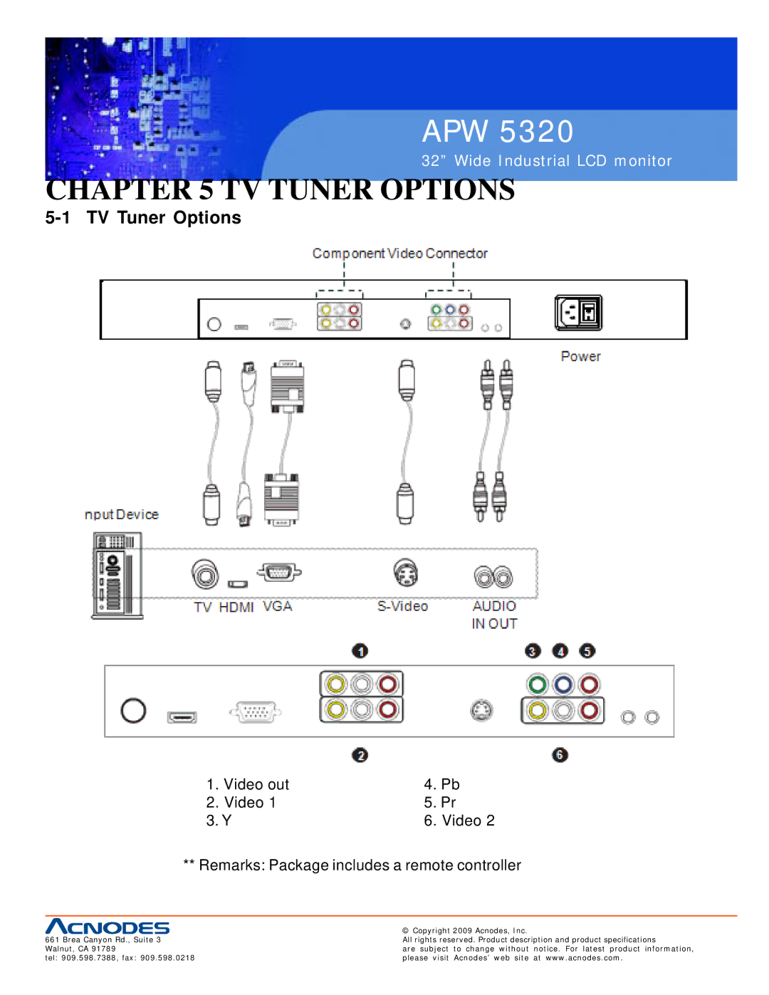 Acnodes APW 5320 user manual TV Tuner Options, Video out Remarks Package includes a remote controller 