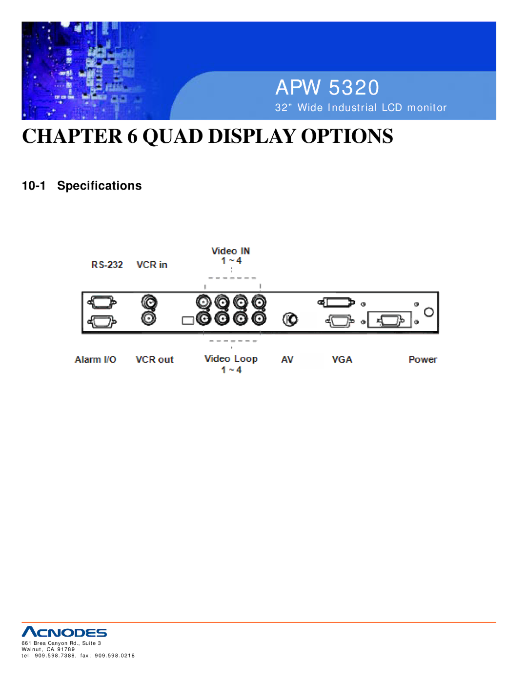 Acnodes APW 5320 user manual Quad Display Options, Specifications 