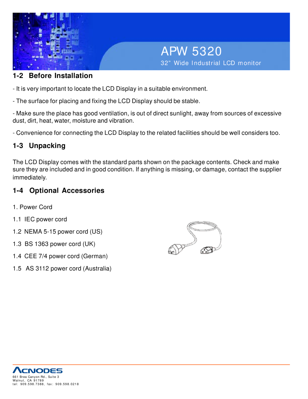 Acnodes APW 5320 user manual Before Installation, Unpacking, Optional Accessories 