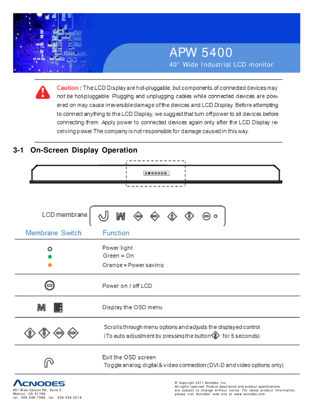 Acnodes APW 5400 user manual On-Screen Display Operation 