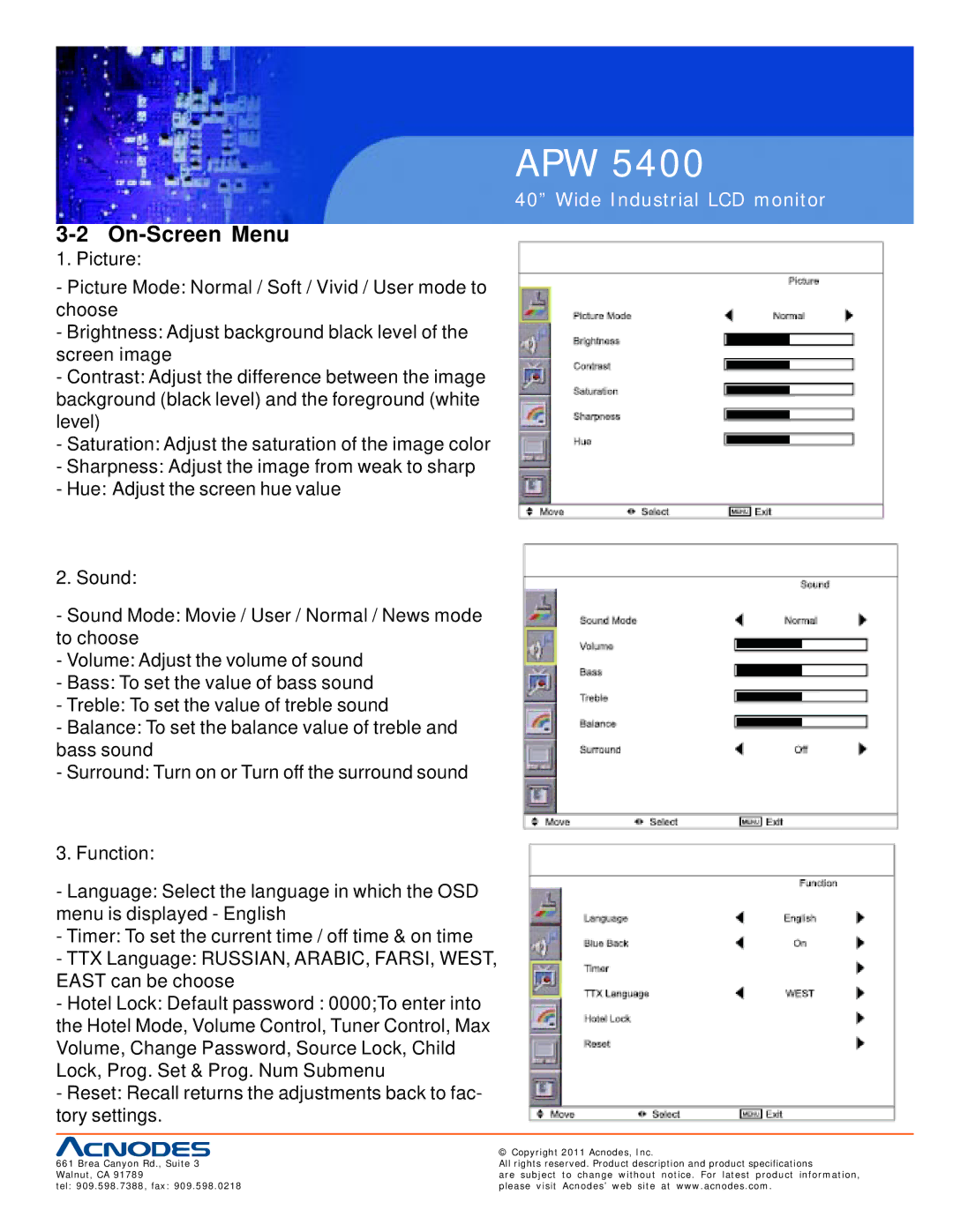 Acnodes APW 5400 user manual On-Screen Menu 