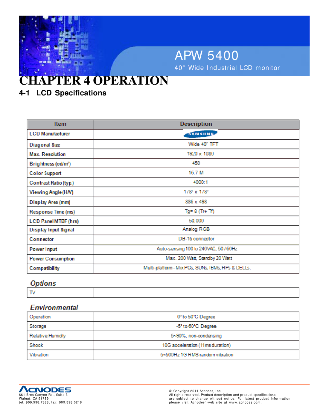 Acnodes APW 5400 user manual Operation, LCD Specifications 