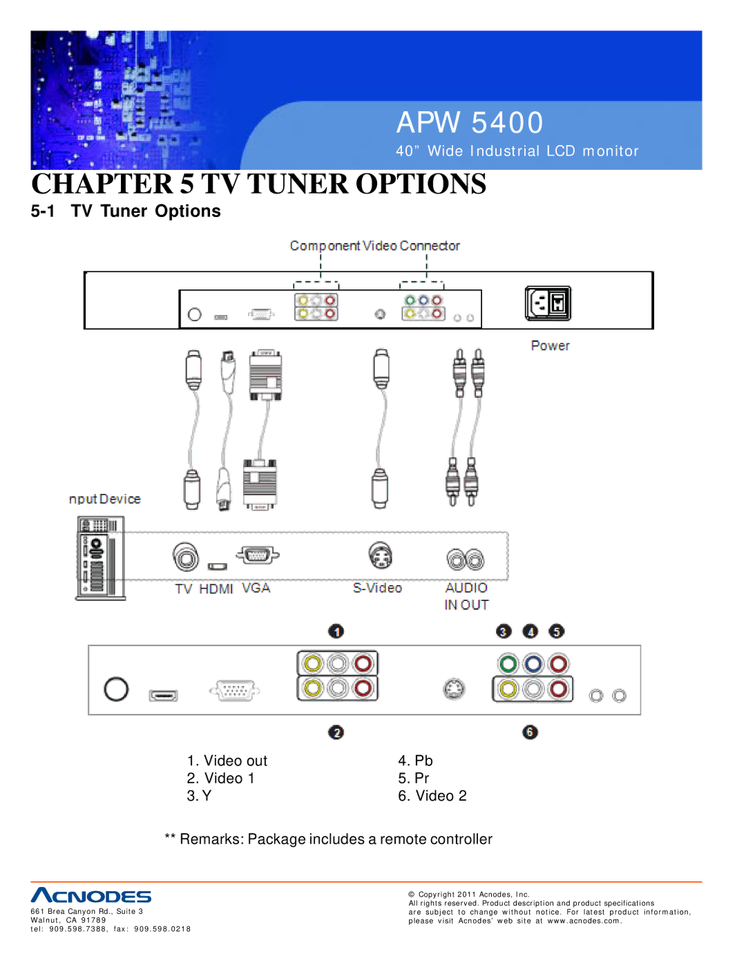 Acnodes APW 5400 user manual TV Tuner Options, Video out Remarks Package includes a remote controller 