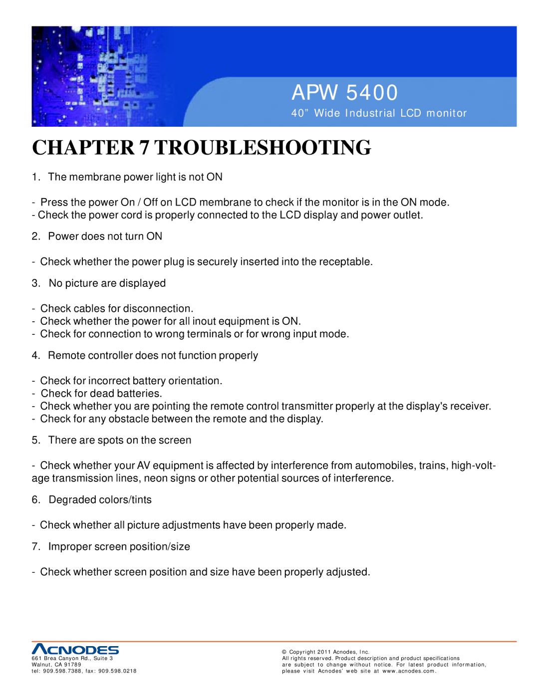 Acnodes APW 5400 user manual Troubleshooting 