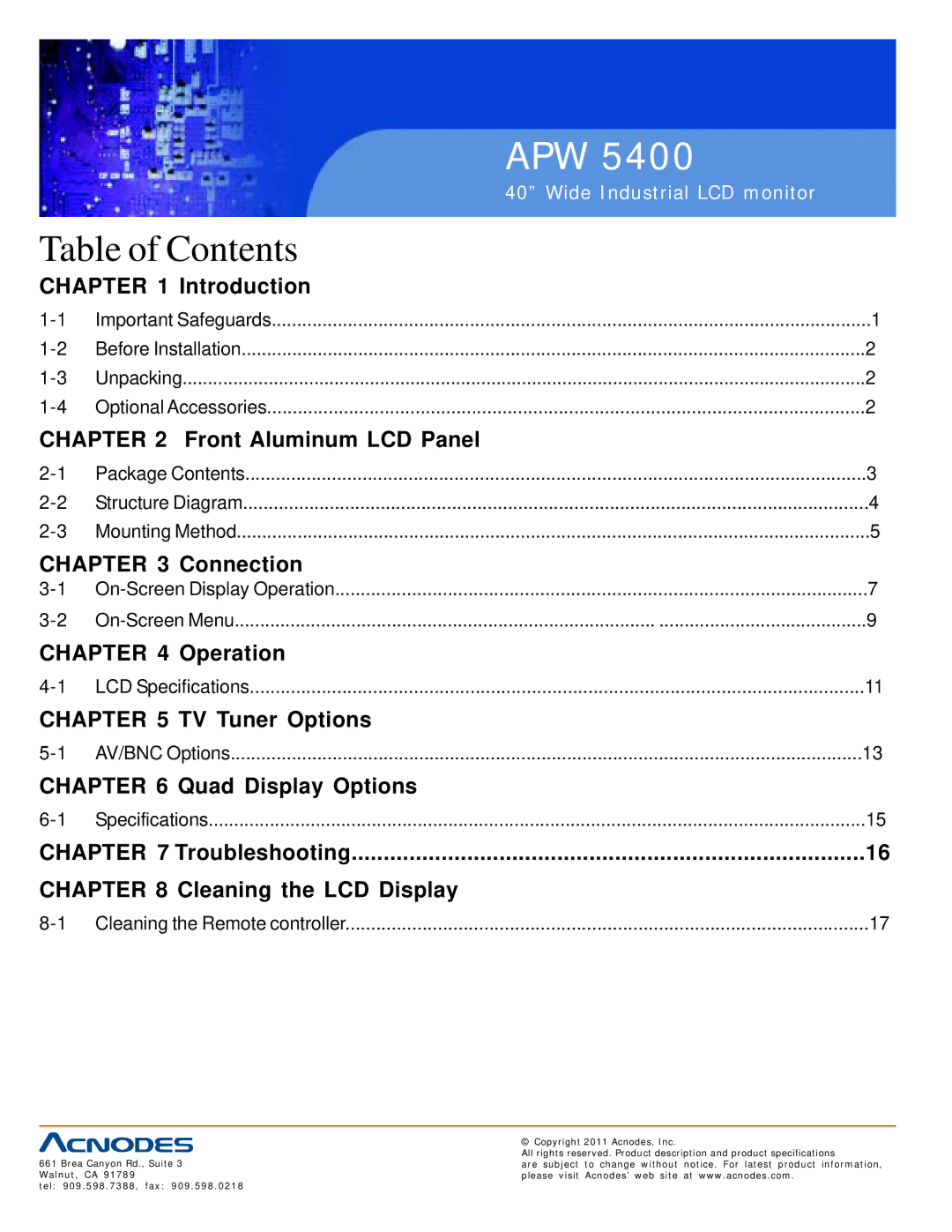 Acnodes APW 5400 user manual Table of Contents 