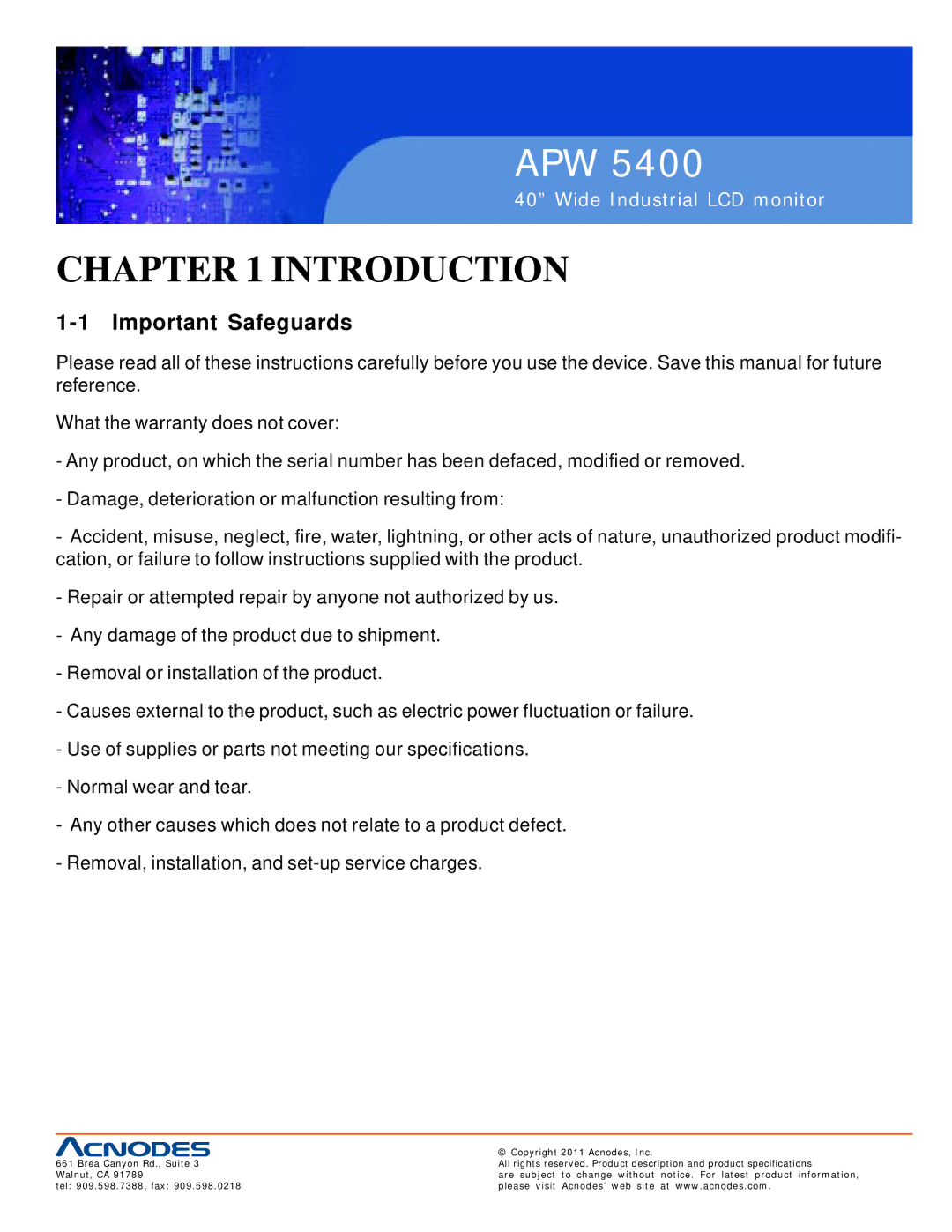 Acnodes APW 5400 user manual Introduction, Important Safeguards 