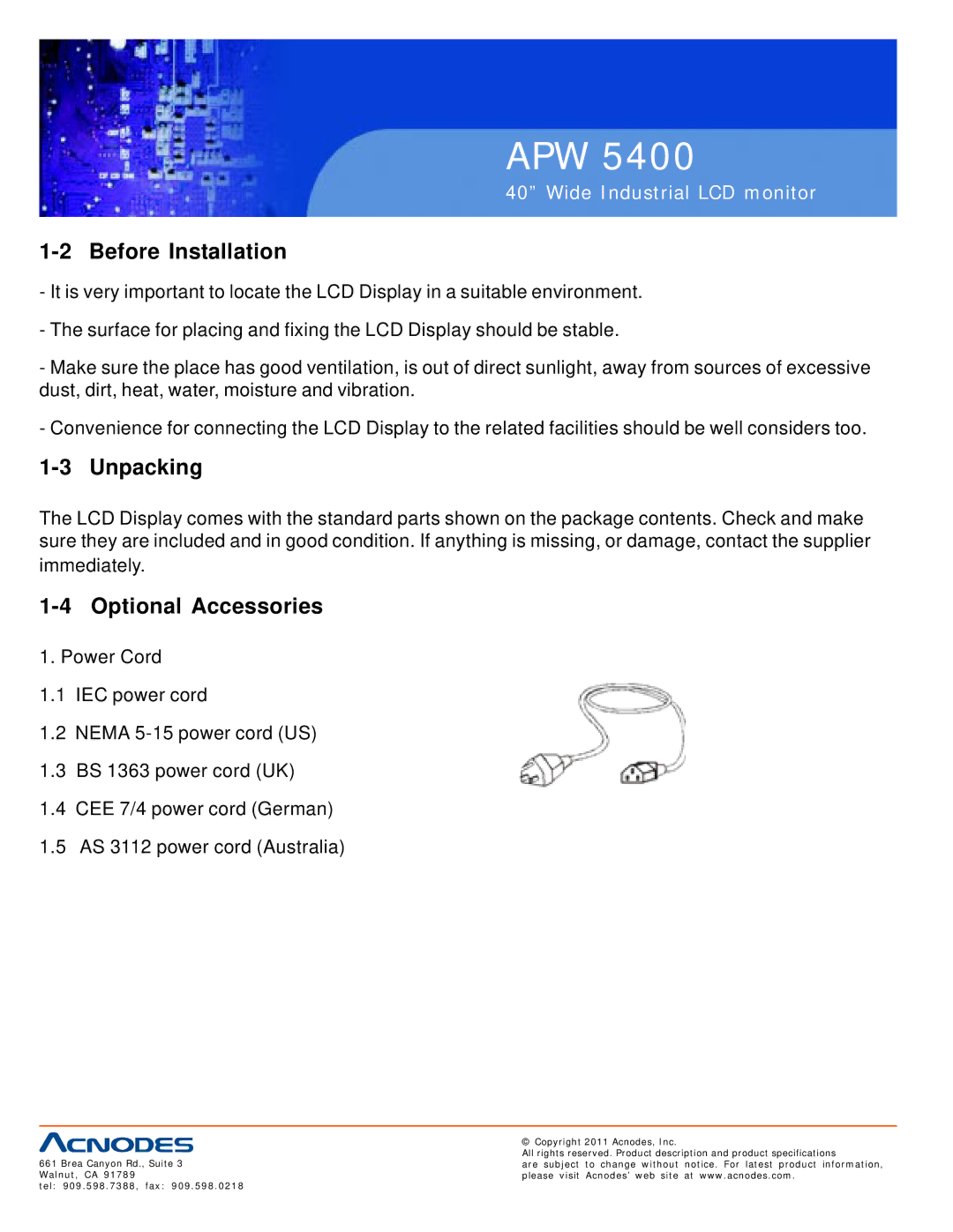 Acnodes APW 5400 user manual Before Installation, Unpacking, Optional Accessories 