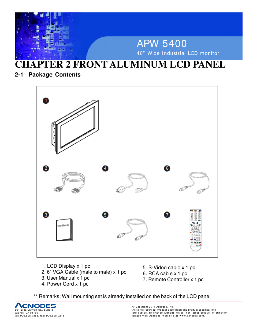 Acnodes APW 5400 user manual Front Aluminum LCD Panel, Package Contents 