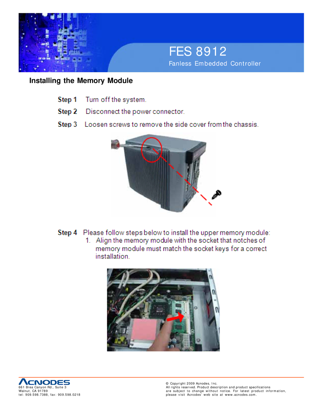 Acnodes FES 8912 specifications Installing the Memory Module 