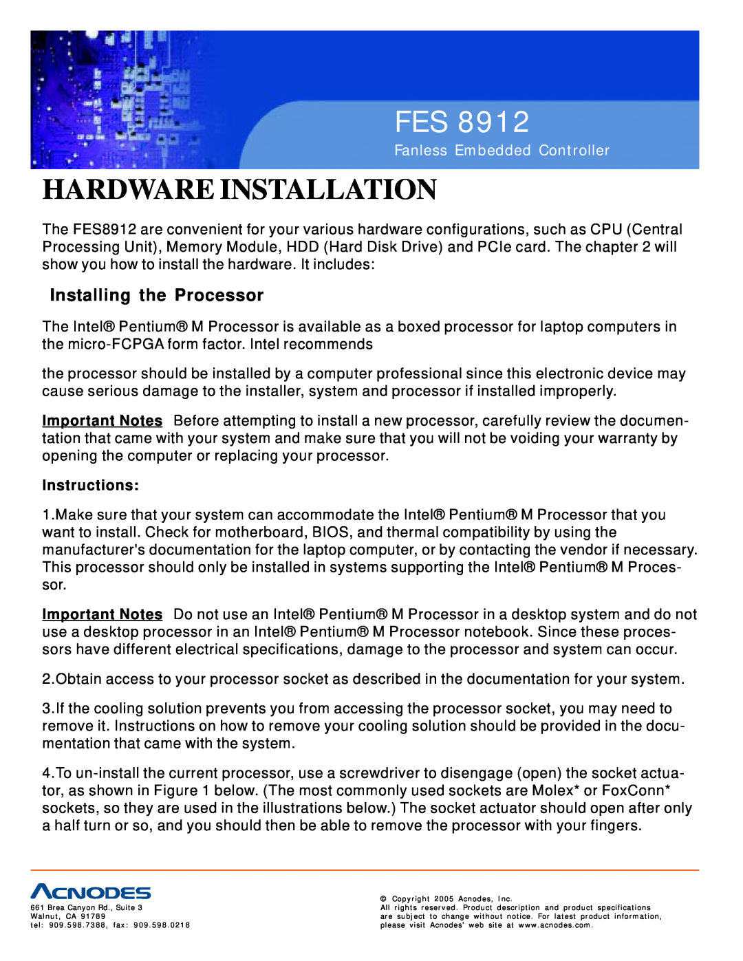 Acnodes FES 8912 specifications Installing the Processor, Hardware Installation, Fanless Embedded Controller, Instructions 