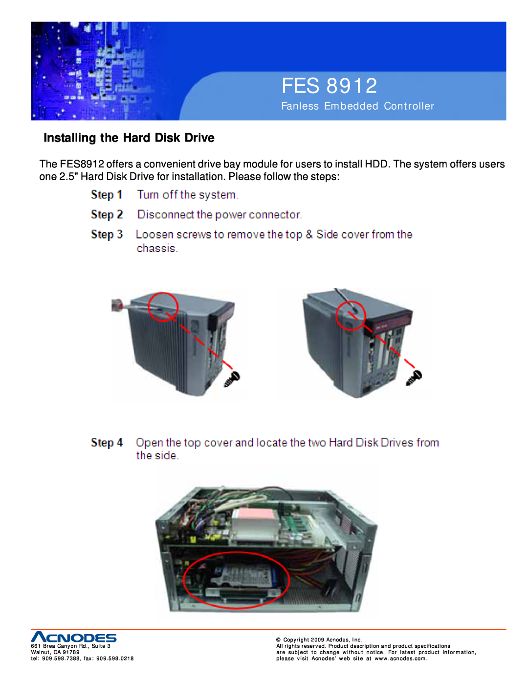 Acnodes FES 8912 specifications Installing the Hard Disk Drive, Fanless Embedded Controller 