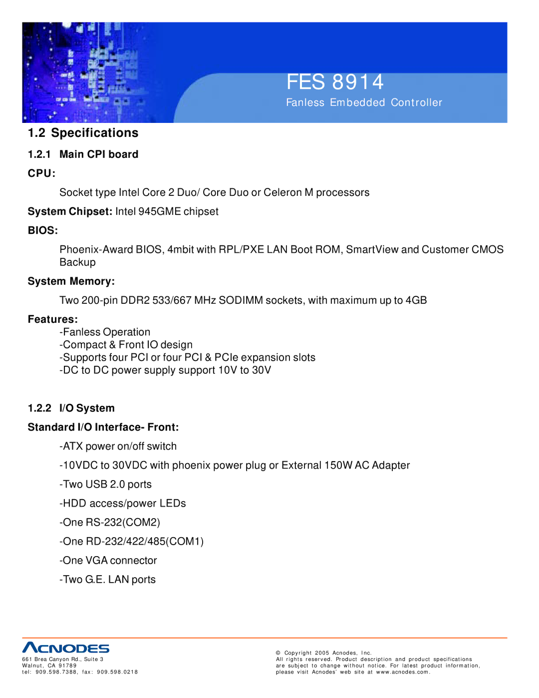 Acnodes FES 8914 user manual Specifications, Cpu 