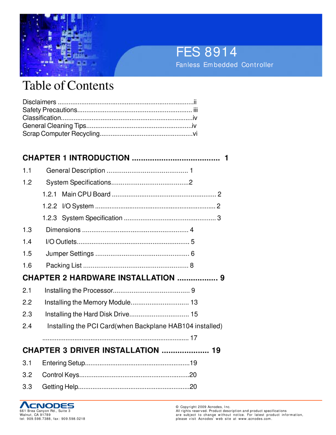 Acnodes FES 8914 user manual Table of Contents 