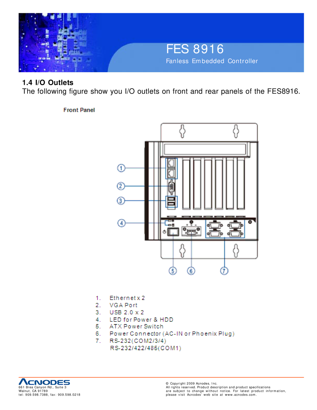 Acnodes FES 8916 manual I/O Outlets 