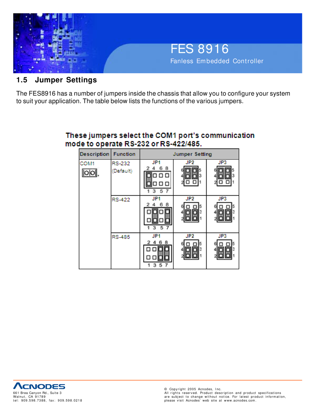 Acnodes FES 8916 manual Jumper Settings 