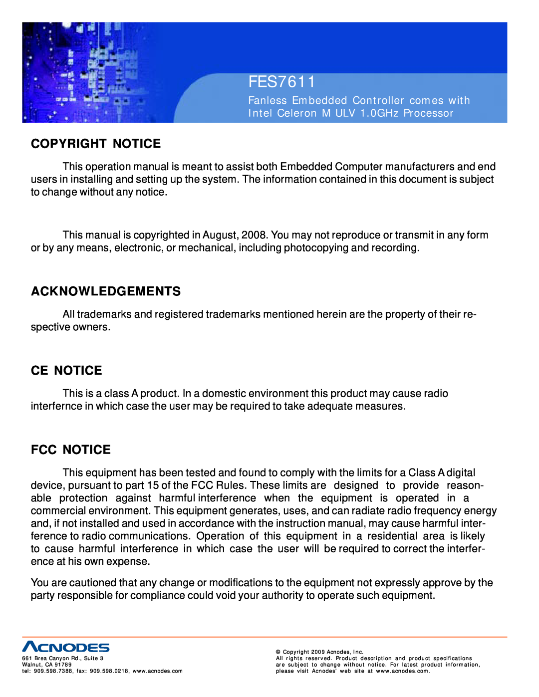 Acnodes FES7611 Copyright Notice, Acknowledgements, Ce Notice, Fcc Notice, Fanless Embedded Controller comes with 