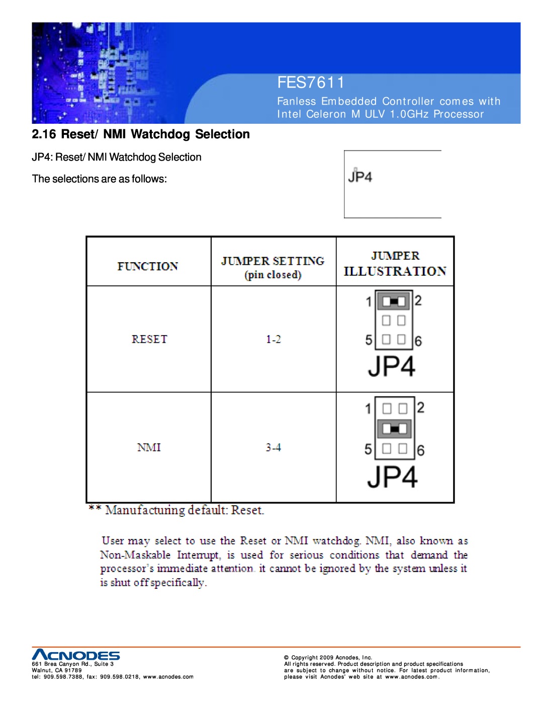 Acnodes FES7611 Reset/ NMI Watchdog Selection, Fanless Embedded Controller comes with, Copyright 2009 Acnodes, Inc 